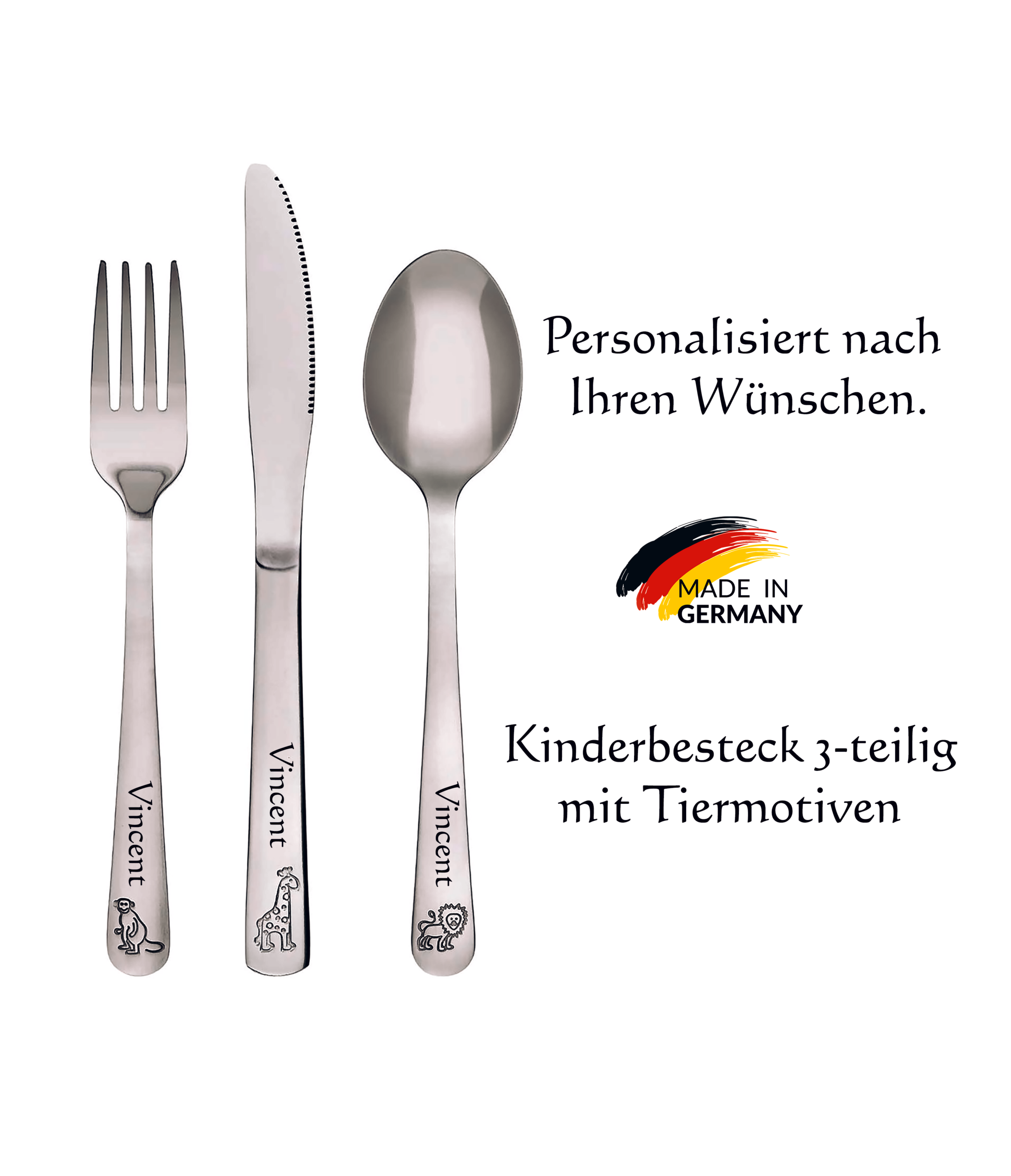 Kinderbesteck 3-teilig mit Tiermotiven inkl. persönlicher Gravur.