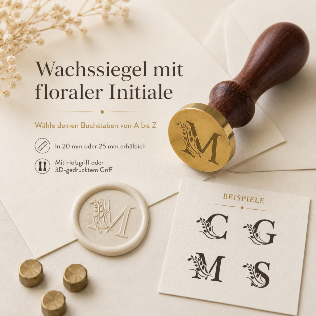 Wachssiegelstempel mit floraler Initiale – Buchstabe A–Z, 20 oder 25 mm