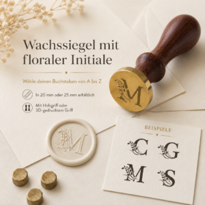 1 Wachssiegelstempel mit floraler Initiale – Buchstabe A–Z, 20 oder 25 mm