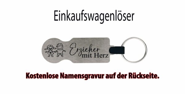 Originalansicht Einkaufswagenlöser Erzieher mit Herz Silberner Einkaufswagenlöser Erzieher mit Herz aus Edelstahl mit Kinderzeichnung und Schlüsselring
