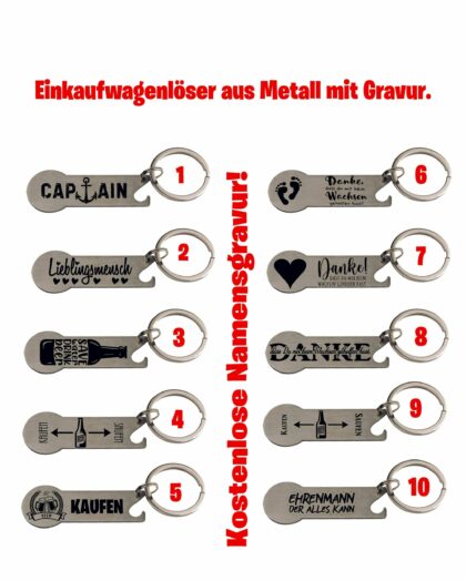 Einkaufswagenlöser mit Flaschenöffner * Viele Designs * - Personalisiert*Individuell*Name*Telefon*Hochzeit Einkaufswagenlöser