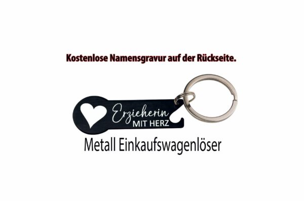 Einkaufswagenlöser Erzieherin mit Herz - personalisiert Schwarz mit Flaschenöffner