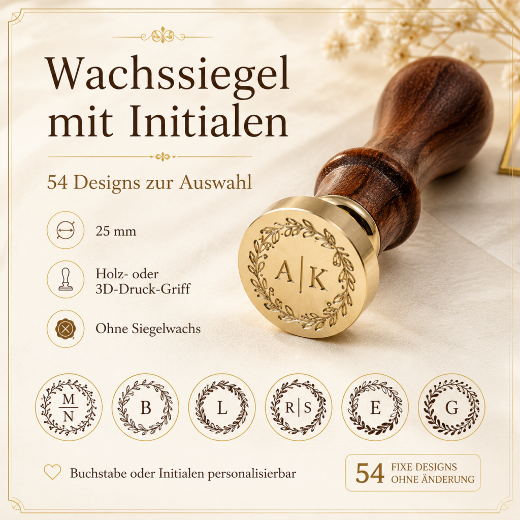 Wachssiegelstempel mit Initialen – 54 Designs zur Auswahl, 25 mm