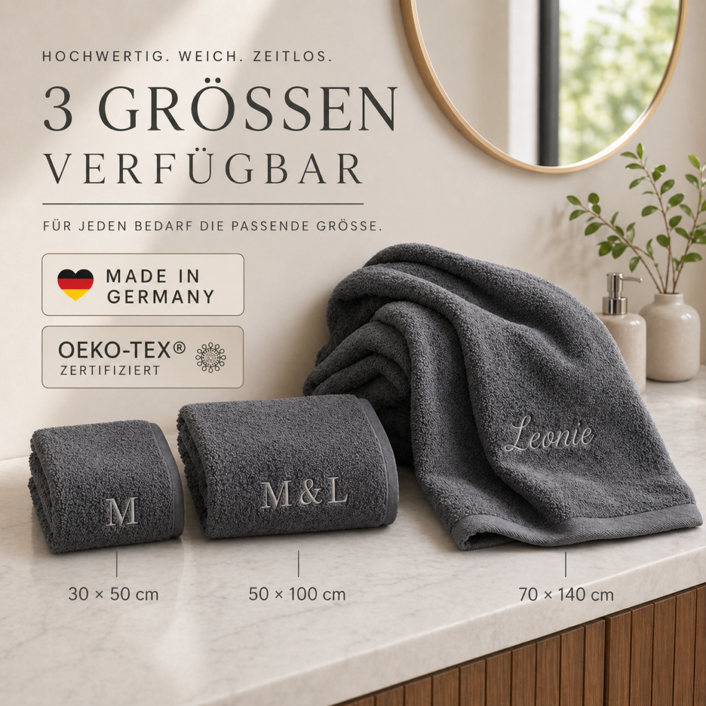 Handtuch mit Namen bestickt – personalisiert in 3 Größen und 14 Farben