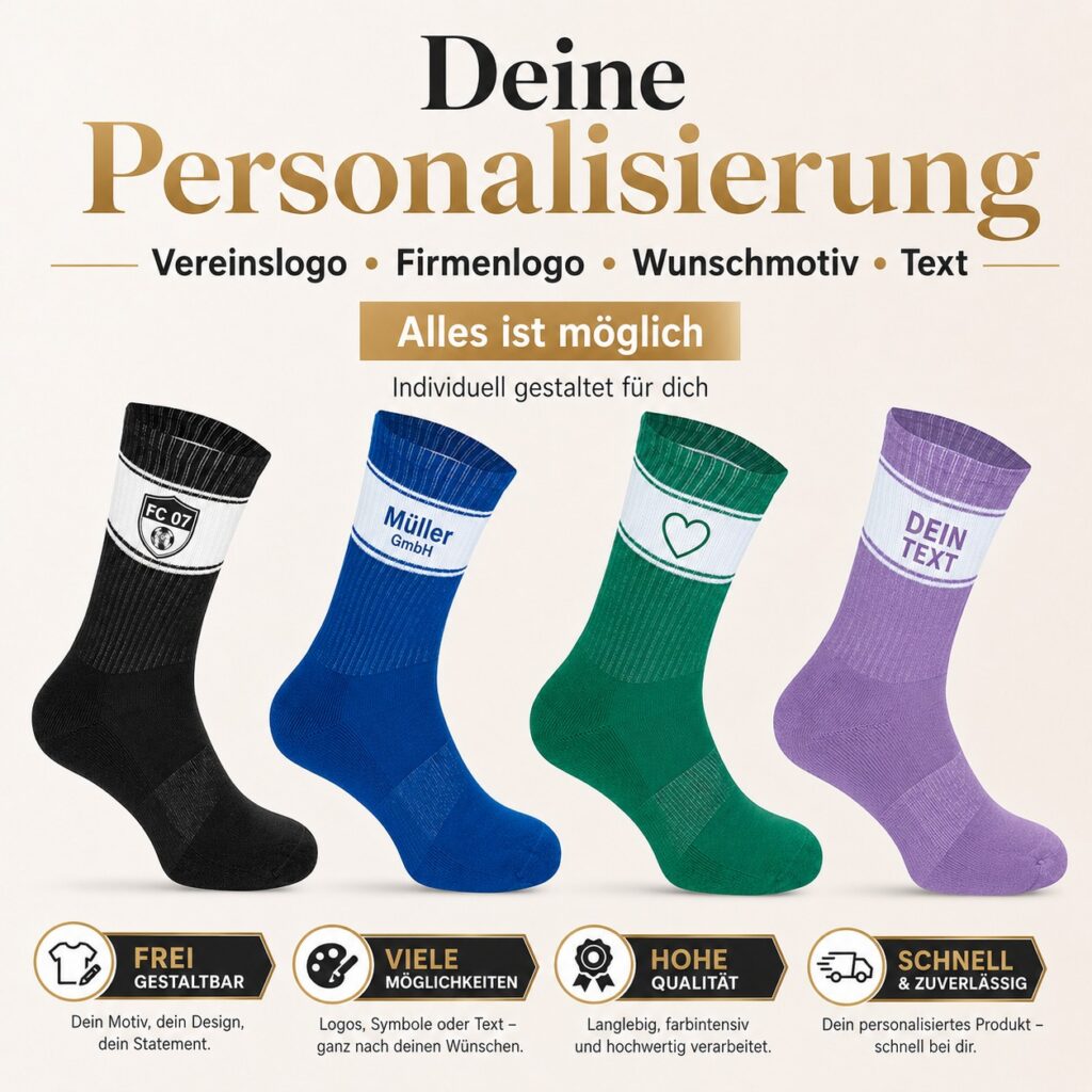 Socken personalisiert mit Wunschtext oder kleinem Bild – 7 Farben