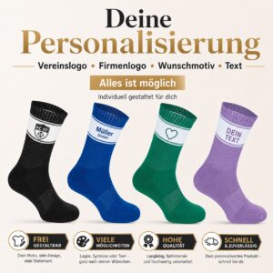 Socken personalisiert mit Wunschtext oder kleinem Bild – 7 Farben