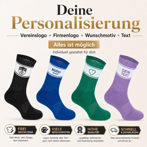 Socken personalisiert mit Wunschtext oder kleinem Bild – 7 Farben