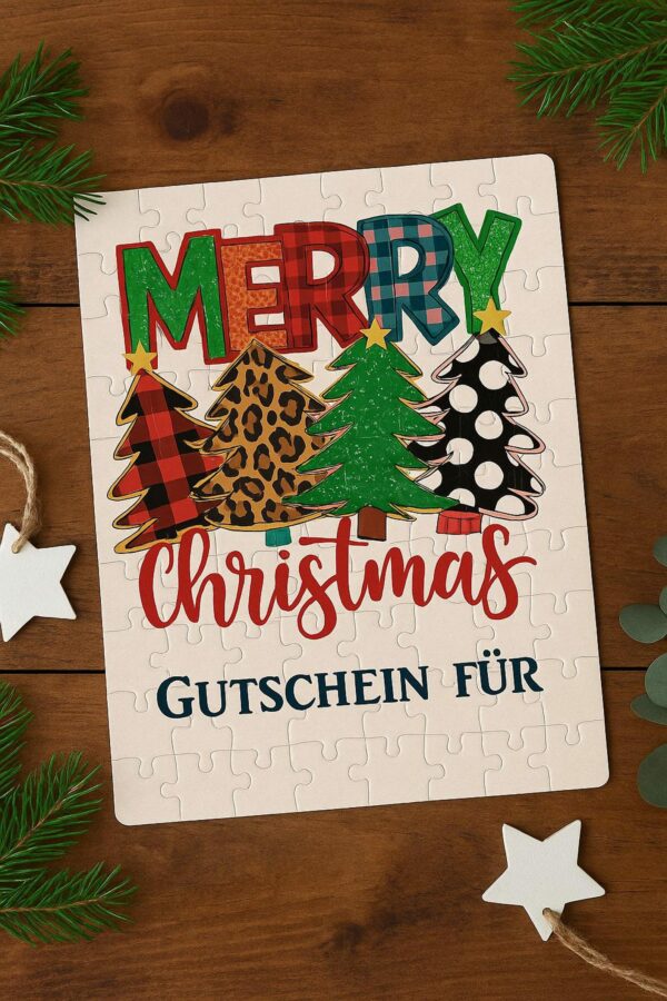 Personalisiertes Weihnachts-Puzzle als Gutschein Zusammengesetztes Weihnachts-Puzzle mit Merry-Christmas-Motiv und personalisierbarem Gutschein-Feld