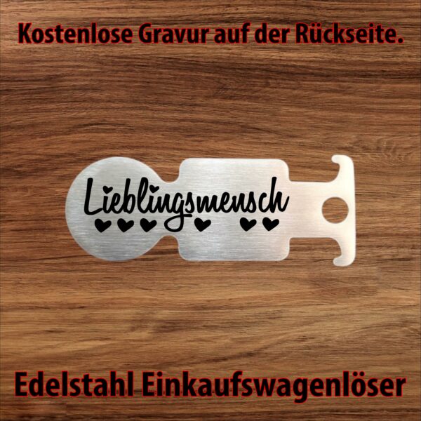 Design Lieblingsmensch Edelstahl-Einkaufswagenlöser mit Flaschenöffner, Lieblingsmensch-Schriftzug und Herzen
