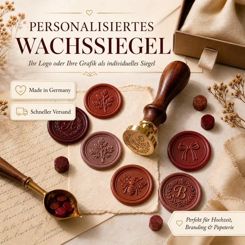 Personalisierter Wachssiegelstempel mit eigenem Logo, Holzgriff und verschiedenen Wachssiegeln