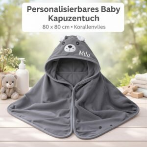 Graues Baby-Kapuzenhandtuch mit Bärenmotiv und gesticktem Namen Milo