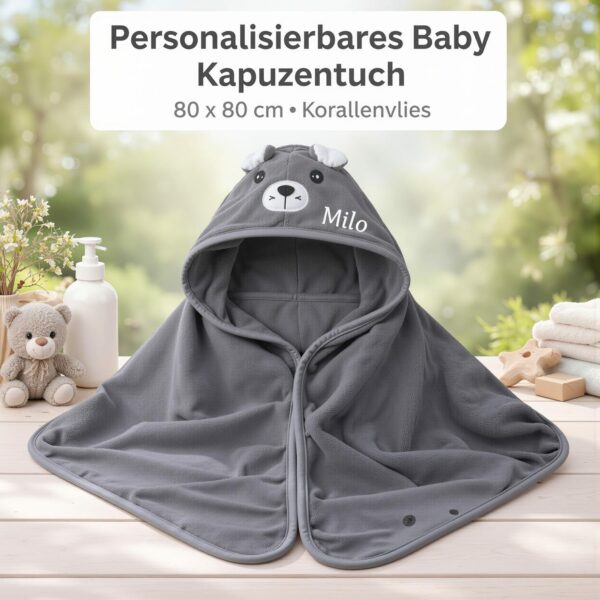 Personalisiertes Baby-Kapuzenhandtuch mit Namen Graues Baby-Kapuzenhandtuch mit Bärenmotiv und gesticktem Namen Milo