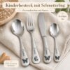 Vierteiliges Kinderbesteck aus Edelstahl mit dem Namen Emma und vier Schmetterlingsmotiven