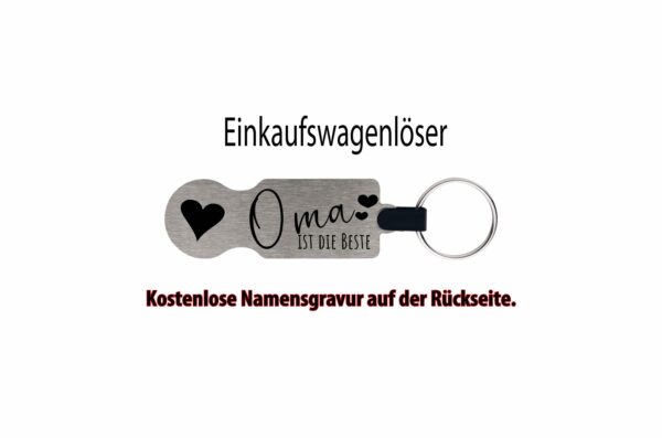 Silberner Einkaufswagenlöser mit Herzmotiv, Gravur Oma ist die Beste und Schlüsselring