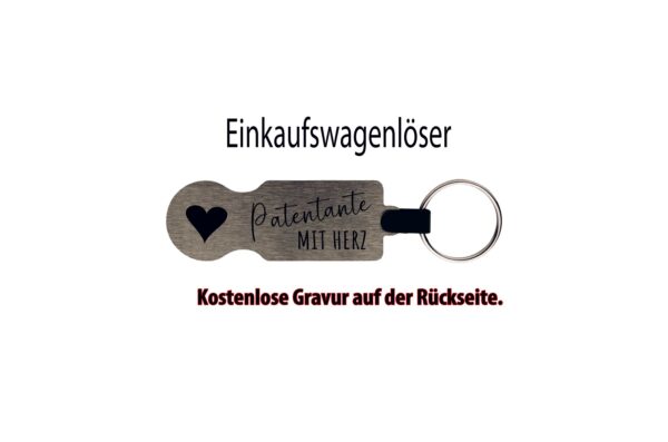 Originalansicht Patentante mit Herz Silberner Einkaufswagenlöser mit Herz, Gravur Patentante mit Herz und Schlüsselring