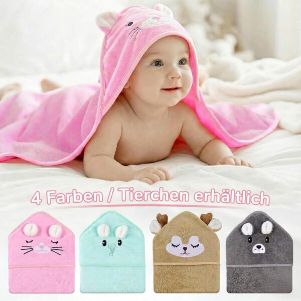 Baby-Kapuzenhandtuch in vier Tierdesigns Personalisierbares Kapuzenhandtuch in Rosa, Mintgrün, Beige und Grau mit vier Tiermotiven