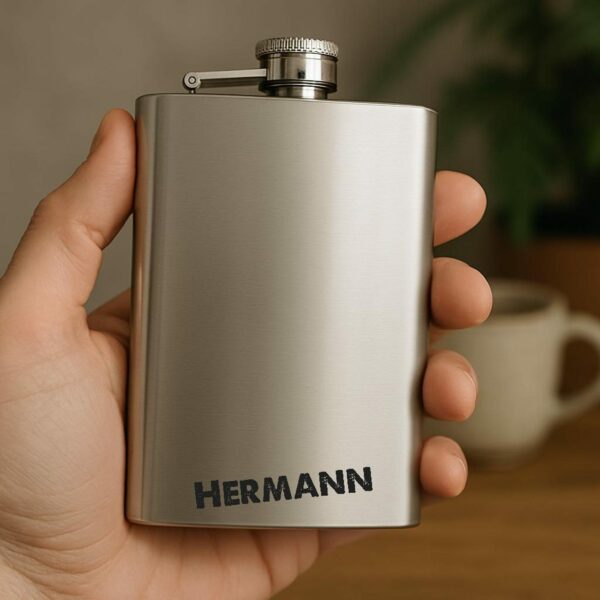 Silberner Flachmann mit Namensgravur Gebürsteter Edelstahl-Flachmann in Silber mit der Beispielgravur Hermann