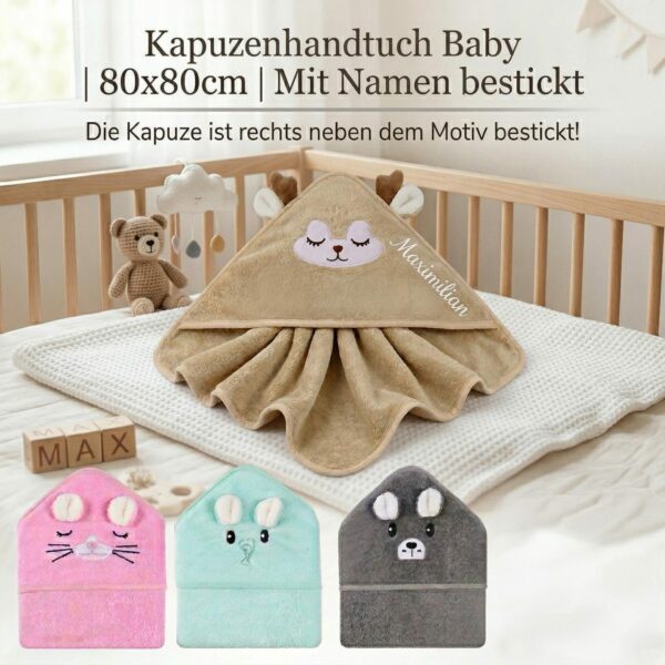 Kapuzenhandtuch mit Namensstick auf der Kapuze Beiges Baby-Kapuzenhandtuch mit Hirschmotiv und seitlich gesticktem Namen Maximilian