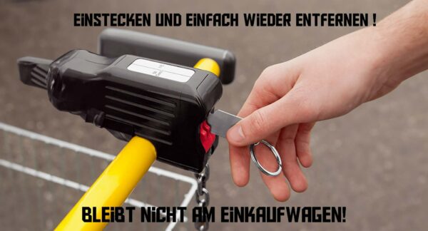 Einkaufswagenlöser richtig verwenden Einkaufswagenlöser in das Münzschloss stecken, Wagen entriegeln und direkt wieder herausziehen