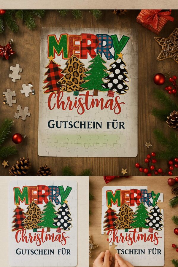 Weihnachts-Puzzle in festlicher Geschenk-Szene Personalisiertes Gutschein-Puzzle mit Weihnachtsmotiv in festlicher Dekoration