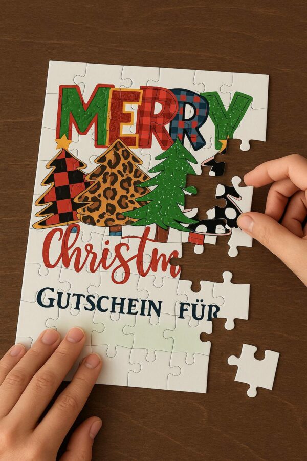 Puzzle-Gutschein als Weihnachtsüberraschung Hände beim Zusammensetzen eines personalisierten Weihnachts-Puzzles mit Gutschein-Feld