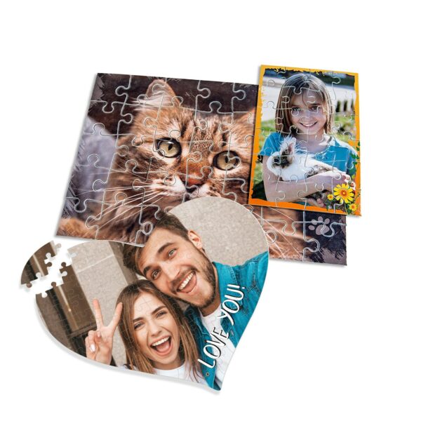 Beispiele für rechteckige und herzförmige personalisierte Puzzles mit eigenen Fotos