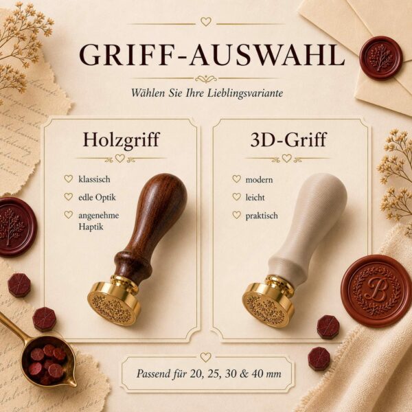 Wachssiegelstempel mit klassischem Holzgriff und modernem 3D-Druck-Griff zur Auswahl