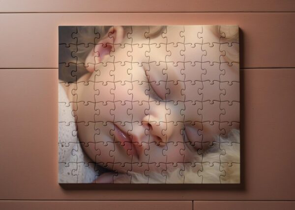 Fertig gelegtes rechteckiges Puzzle mit dem Foto eines schlafenden Babys