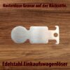 Neutraler Edelstahl-Einkaufswagenlöser mit integriertem Flaschenöffner und Gravurfläche