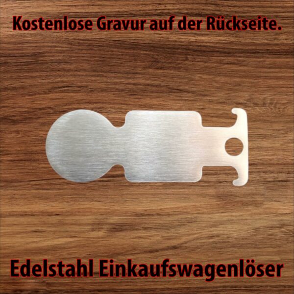 Neutraler Edelstahl-Einkaufswagenlöser mit integriertem Flaschenöffner und Gravurfläche