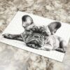 Großes rechteckiges Puzzle mit einer schwarzweißen Zeichnung einer Französischen Bulldogge