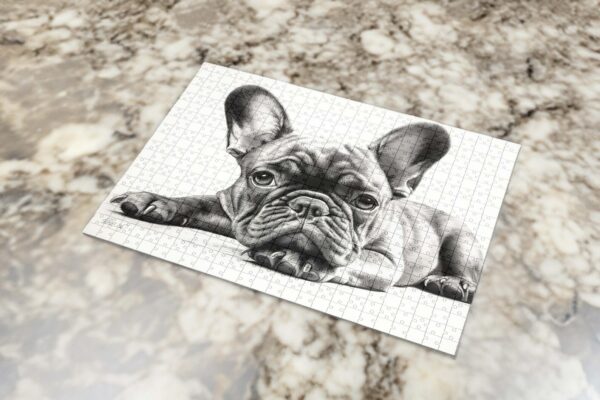 Großes rechteckiges Puzzle mit einer schwarzweißen Zeichnung einer Französischen Bulldogge