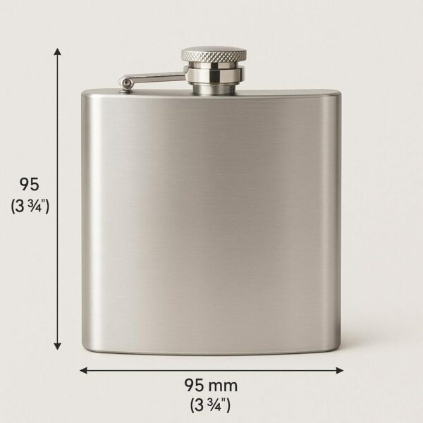 Flachmann 180 ml Maße Silberner 180-ml-Flachmann mit einer Breite und Höhe von jeweils etwa 95 Millimetern