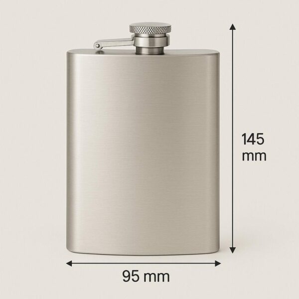 Flachmann 240 ml Maße Silberner 240-ml-Flachmann mit etwa 95 Millimetern Breite und 145 Millimetern Höhe