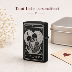 Schwarzes Benzinfeuerzeug mit Tarot Liebe Motiv und Personalisierung