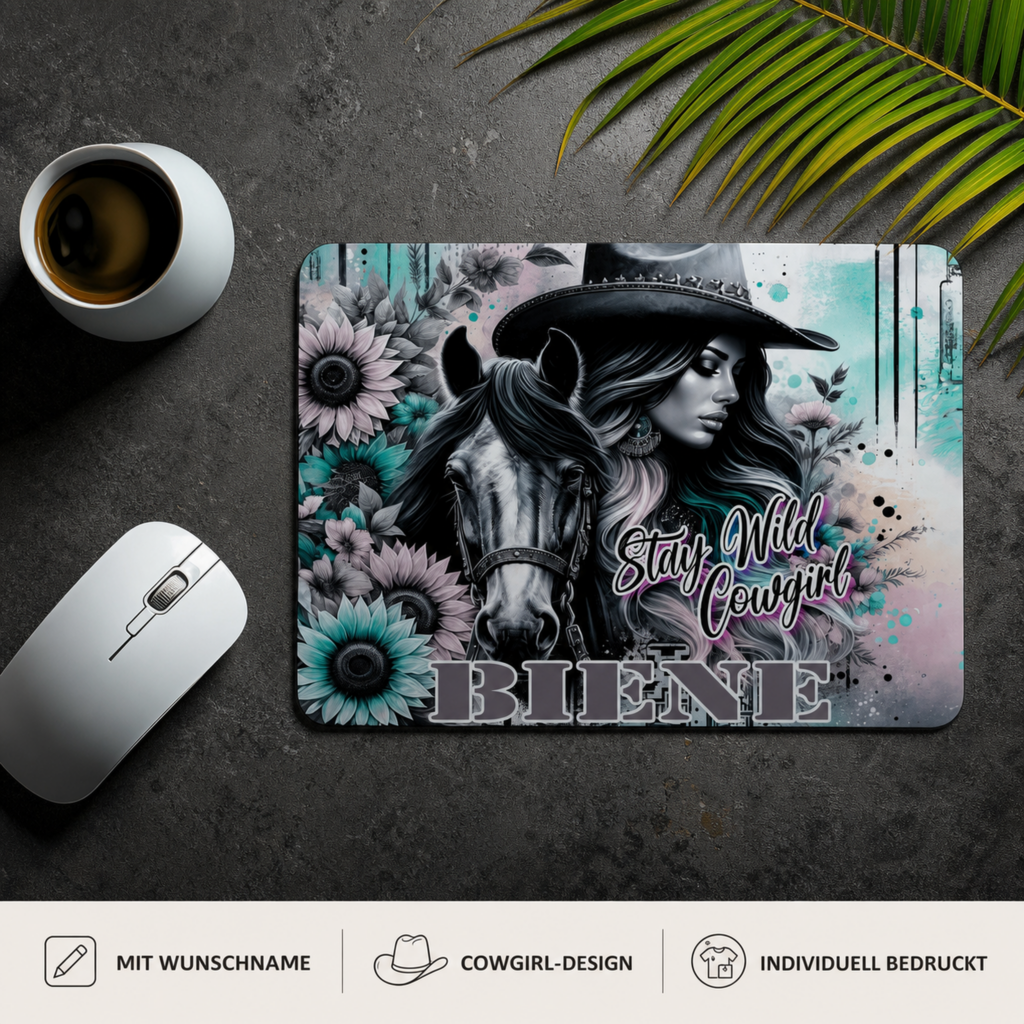 Personalisiertes Cowgirl Mauspad mit Pferd und Wunschname