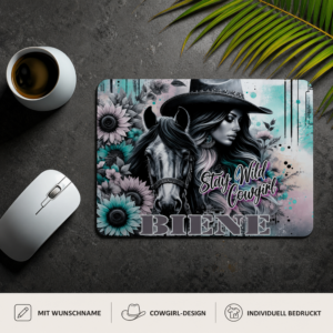 Personalisiertes Cowgirl Mauspad mit Pferd und Wunschname