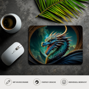 Personalisiertes Fantasy Drachen Mauspad in Blau und Türkis