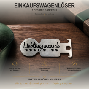 Personalisierter Edelstahl-Einkaufswagenlöser mit Flaschenöffner im Lieblingsmensch-Design