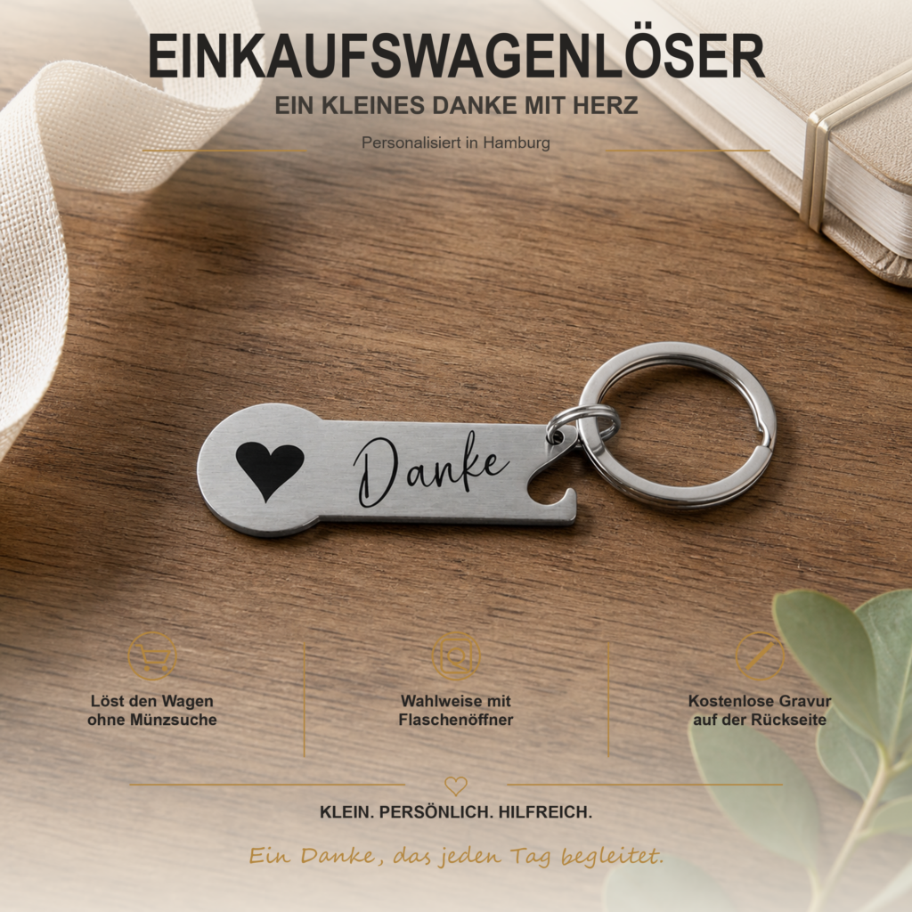 Silberner Edelstahl-Einkaufswagenlöser mit Herz-Danke-Motiv, Flaschenöffner und kostenloser Rückseitengravur