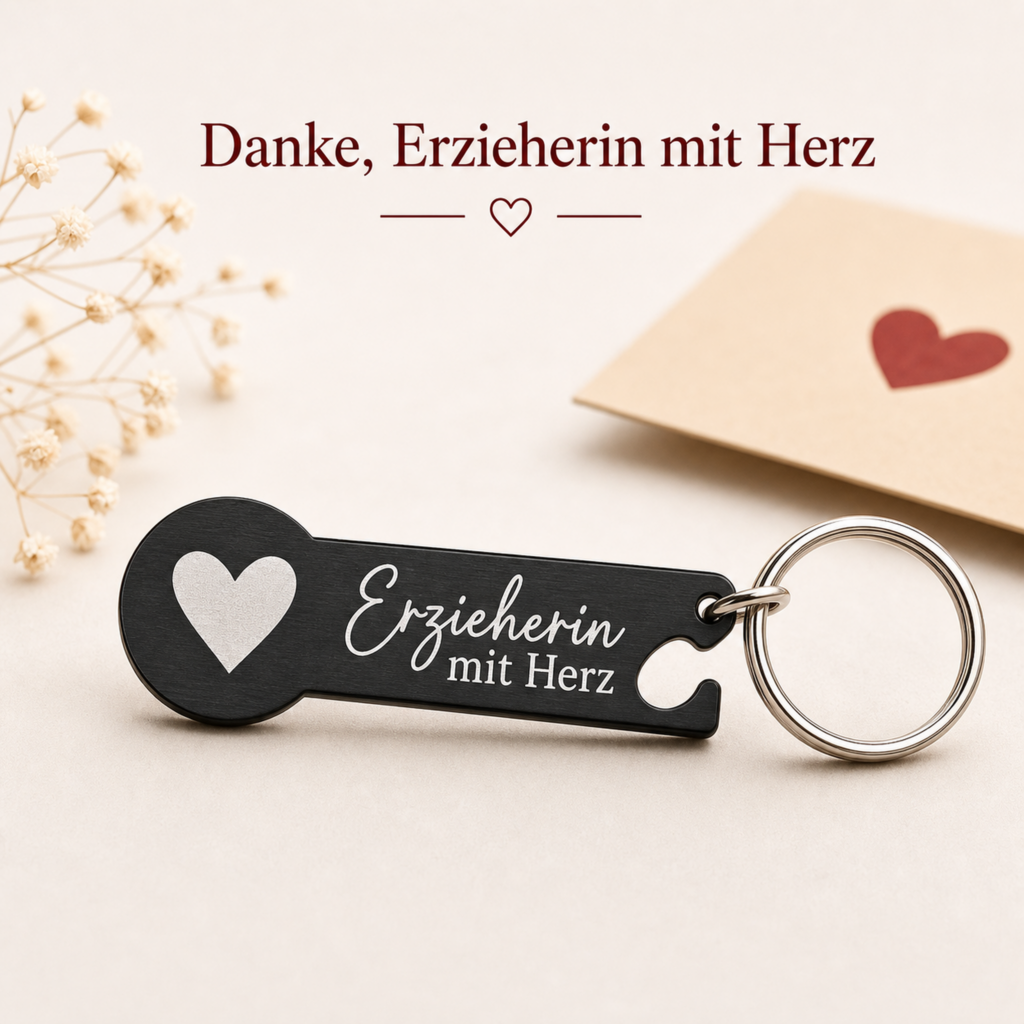 Schwarzer Einkaufswagenlöser mit korrekter Anhängerform und Gravur Erzieherin mit Herz
