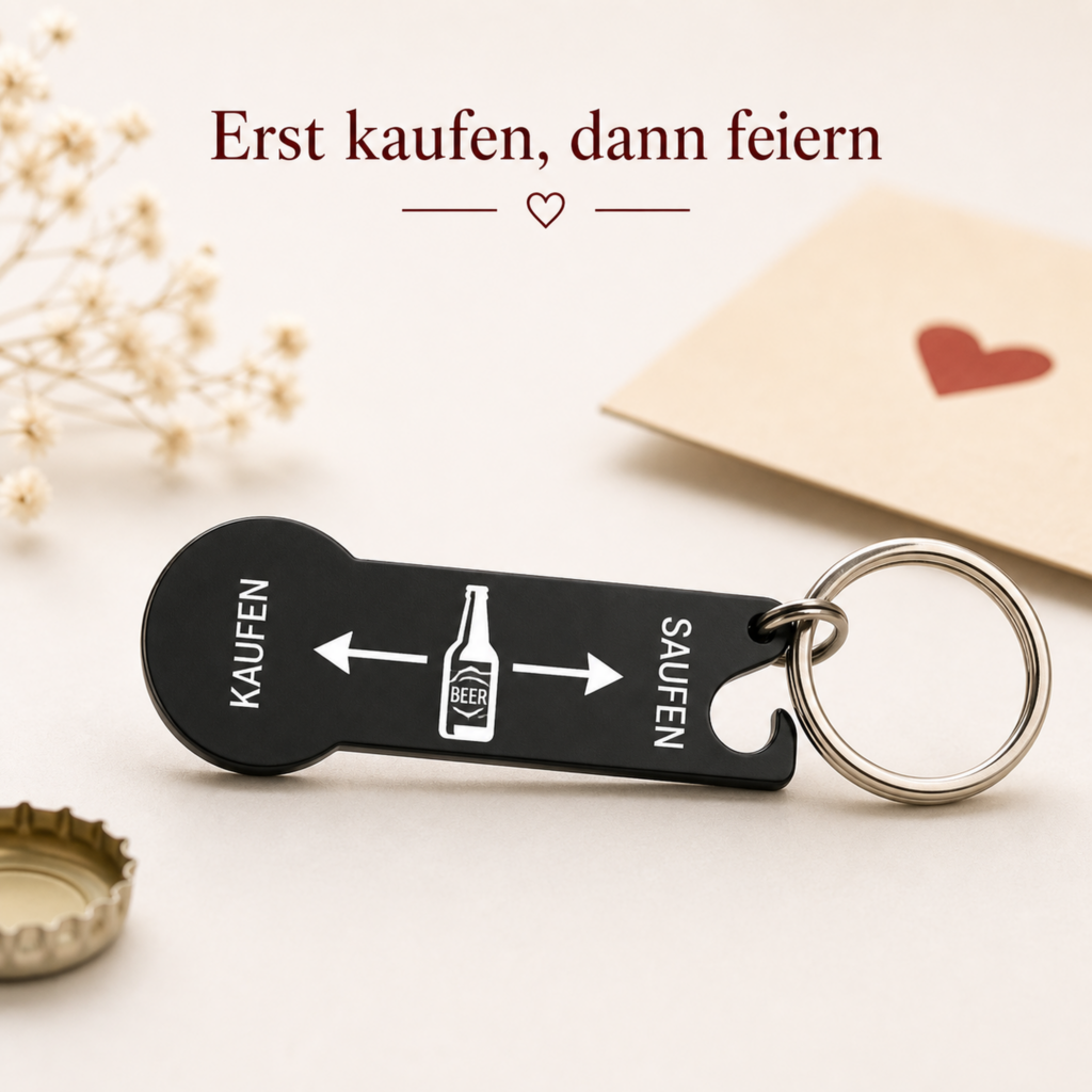 Schwarzer Einkaufswagenlöser mit Flaschenöffner und Saufen Kaufen Gravur