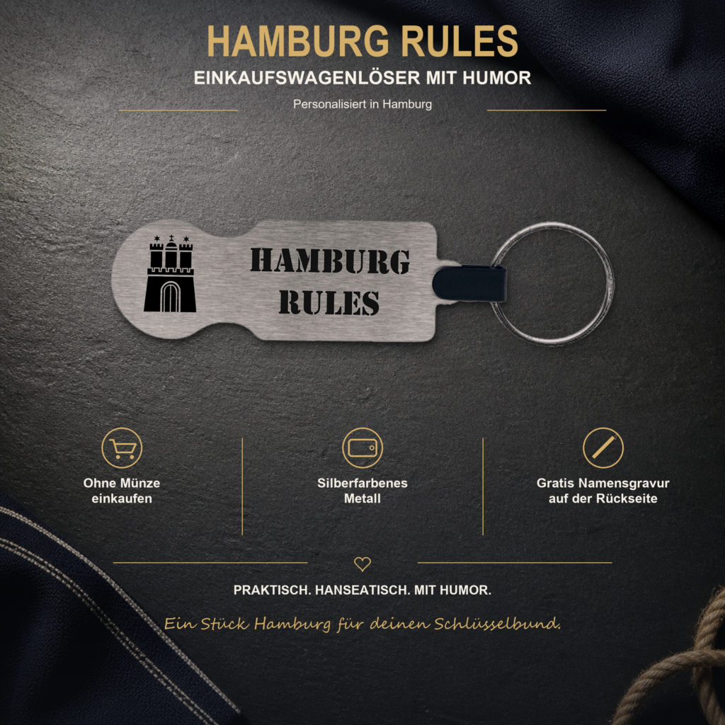 Silberfarbener Einkaufswagenlöser Hamburg Rules aus Metall mit drei Produktvorteilen