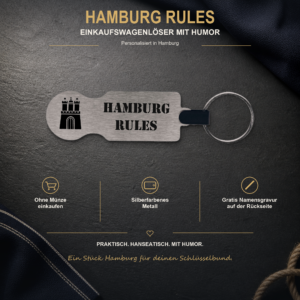 Silberfarbener Einkaufswagenlöser Hamburg Rules aus Metall mit drei Produktvorteilen