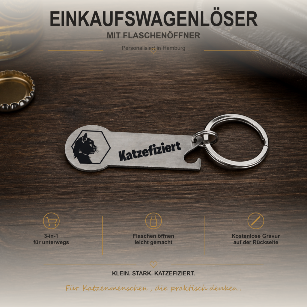 Personalisierter Edelstahl-Einkaufswagenlöser mit Flaschenöffner und Katzefiziert-Motiv