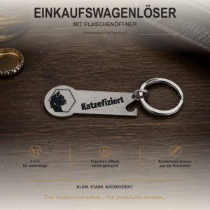 Personalisierter Edelstahl-Einkaufswagenlöser mit Flaschenöffner und Katzefiziert-Motiv