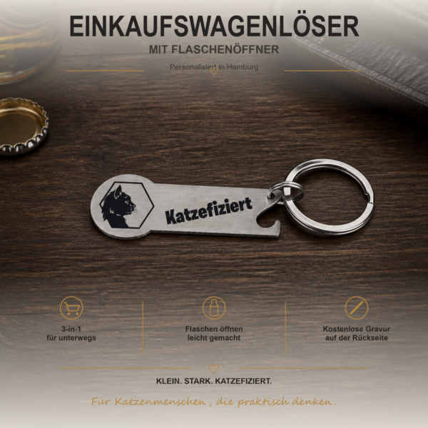 Personalisierter Edelstahl-Einkaufswagenlöser mit Flaschenöffner und Katzefiziert-Motiv