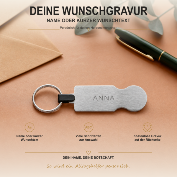 Einkaufswagenlöser mit kostenloser Wunschgravur Rückseite des Edelstahl-Einkaufswagenlösers mit Namensgravur Anna als Personalisierungsbeispiel