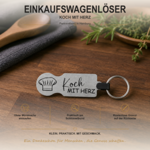 Personalisierter Edelstahl-Einkaufswagenlöser mit Kochmütze und Gravur Koch mit Herz