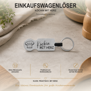 Personalisierter Edelstahl-Einkaufswagenlöser mit Kochmütze und Gravur Köchin mit Herz